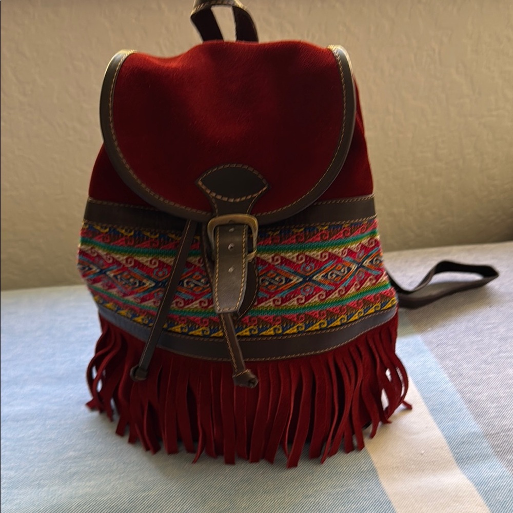 Red Fringe Backpack with Ethnic-Inspired Design